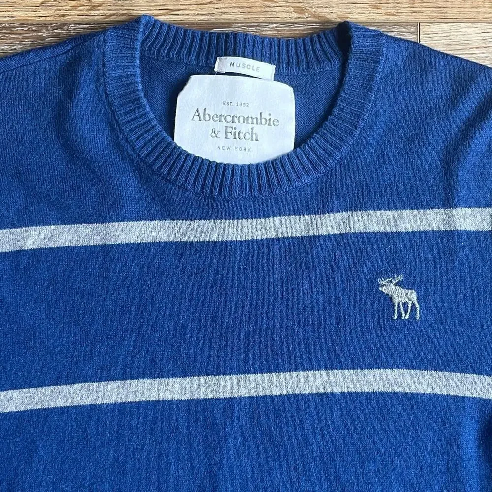VTG Y2K Abercrombie & Fitch Bradley Muscle Sweater Blue Stripe L Cotton Cashmere